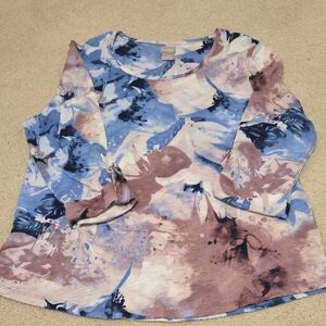 Chico's Blue and Taupe Watercolor Floral 3/4 Sleeve Top